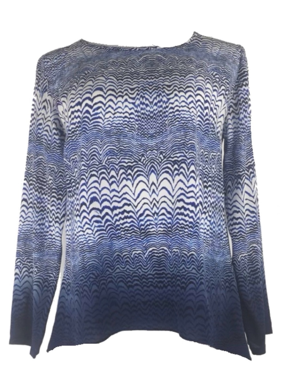 Trina Turk EUC Danah Blue Ombré Silk High Low Blouse Medium Abstract